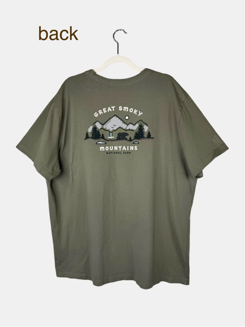 Life Is Good Mens Olive Green Short Sleeve Crusher Tee XXL Great Smoky Mountains